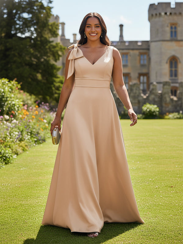 A Line V Neck Sleeveless Bow Satin Bridesmaid Dresses