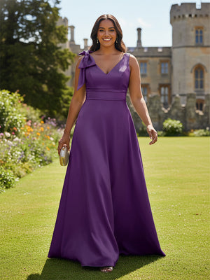 A Line V Neck Sleeveless Bow Satin Bridesmaid Dresses