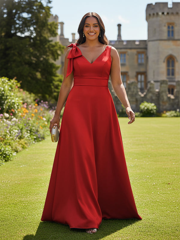 A Line V Neck Sleeveless Bow Satin Bridesmaid Dresses