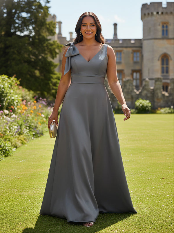 A Line V Neck Sleeveless Bow Satin Bridesmaid Dresses