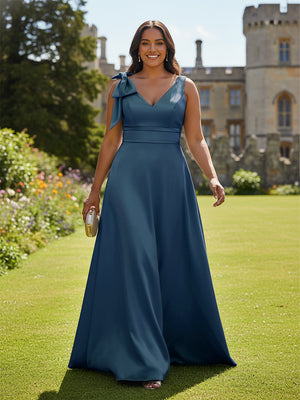 A Line V Neck Sleeveless Bow Satin Bridesmaid Dresses