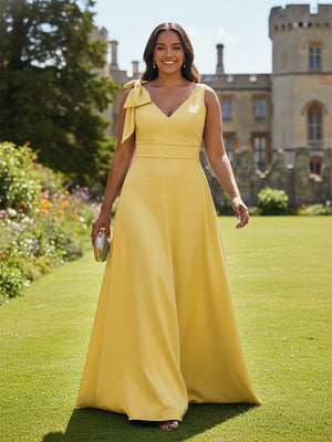 A Line V Neck Sleeveless Bow Satin Bridesmaid Dresses