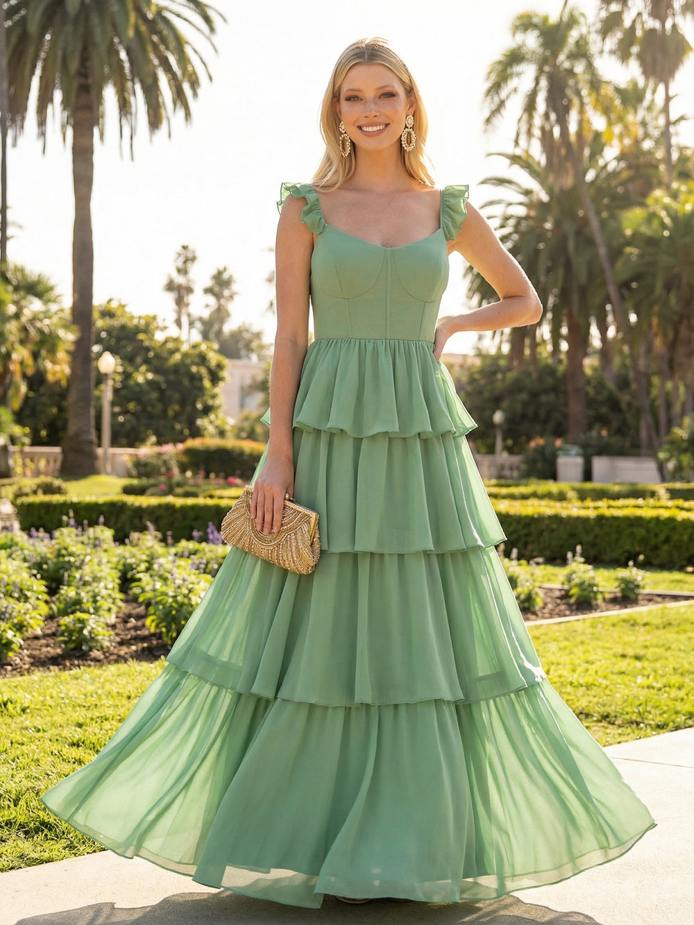 A Line Sleeveless Pleated Chiffon Spaghetti Straps Ruffles Bridesmaid Dresses