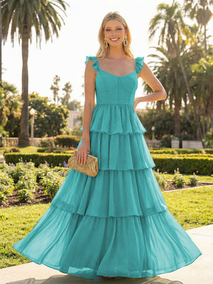 A Line Sleeveless Pleated Chiffon Spaghetti Straps Ruffles Bridesmaid Dresses