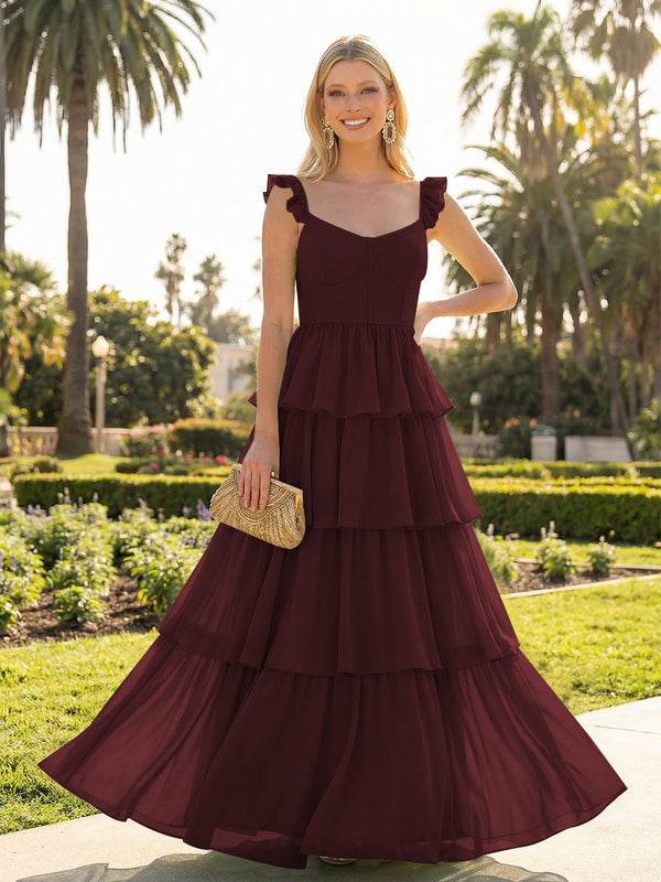 A Line Sleeveless Pleated Chiffon Spaghetti Straps Ruffles Bridesmaid Dresses
