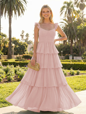 A Line Sleeveless Pleated Chiffon Spaghetti Straps Ruffles Bridesmaid Dresses