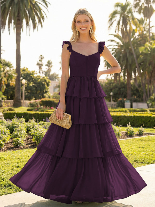 A Line Sleeveless Pleated Chiffon Spaghetti Straps Ruffles Bridesmaid Dresses