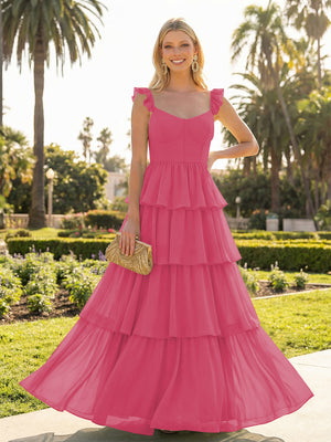 A Line Sleeveless Pleated Chiffon Spaghetti Straps Ruffles Bridesmaid Dresses