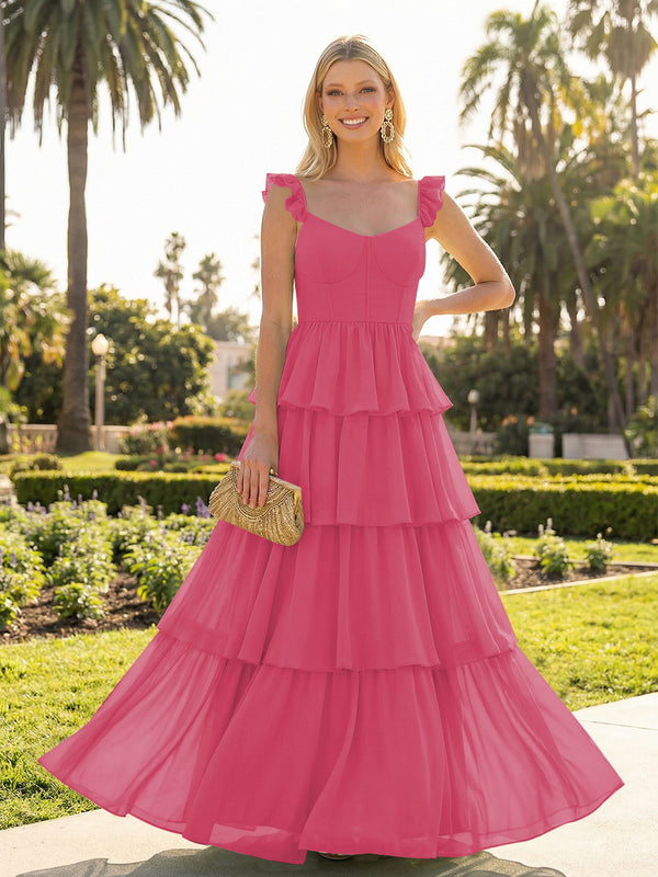 A Line Sleeveless Pleated Chiffon Spaghetti Straps Ruffles Bridesmaid Dresses