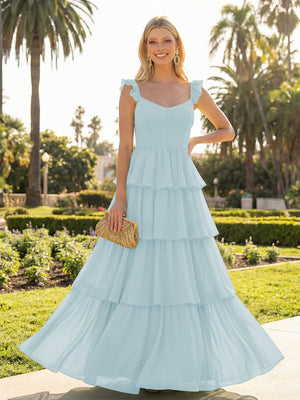 A Line Sleeveless Pleated Chiffon Spaghetti Straps Ruffles Bridesmaid Dresses