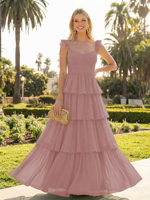 A Line Sleeveless Pleated Chiffon Spaghetti Straps Ruffles Bridesmaid Dresses