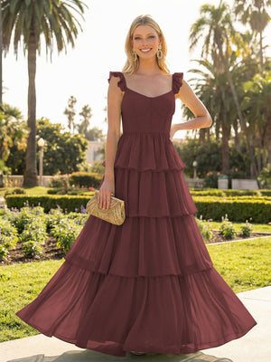 A Line Sleeveless Pleated Chiffon Spaghetti Straps Ruffles Bridesmaid Dresses