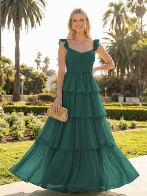 A Line Sleeveless Pleated Chiffon Spaghetti Straps Ruffles Bridesmaid Dresses