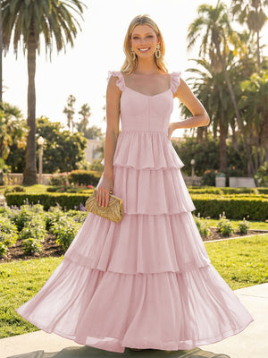 A Line Sleeveless Pleated Chiffon Spaghetti Straps Ruffles Bridesmaid Dresses