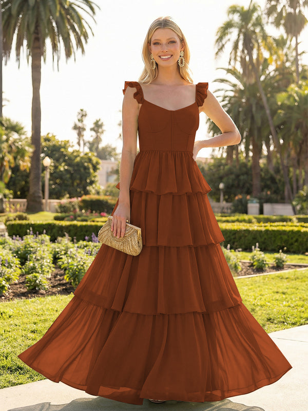 A Line Sleeveless Pleated Chiffon Spaghetti Straps Ruffles Bridesmaid Dresses