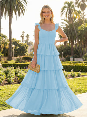 A Line Sleeveless Pleated Chiffon Spaghetti Straps Ruffles Bridesmaid Dresses