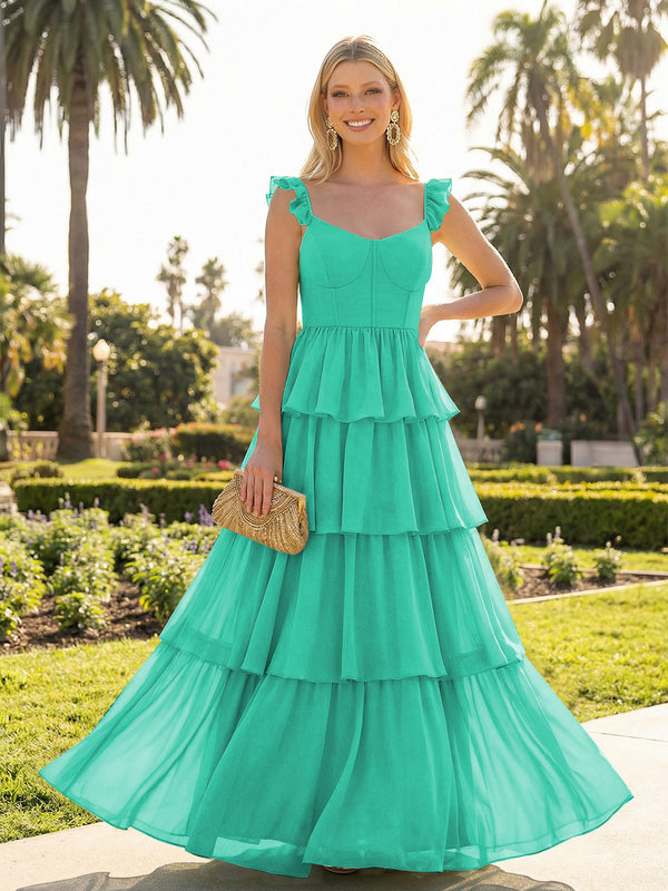 A Line Sleeveless Pleated Chiffon Spaghetti Straps Ruffles Bridesmaid Dresses
