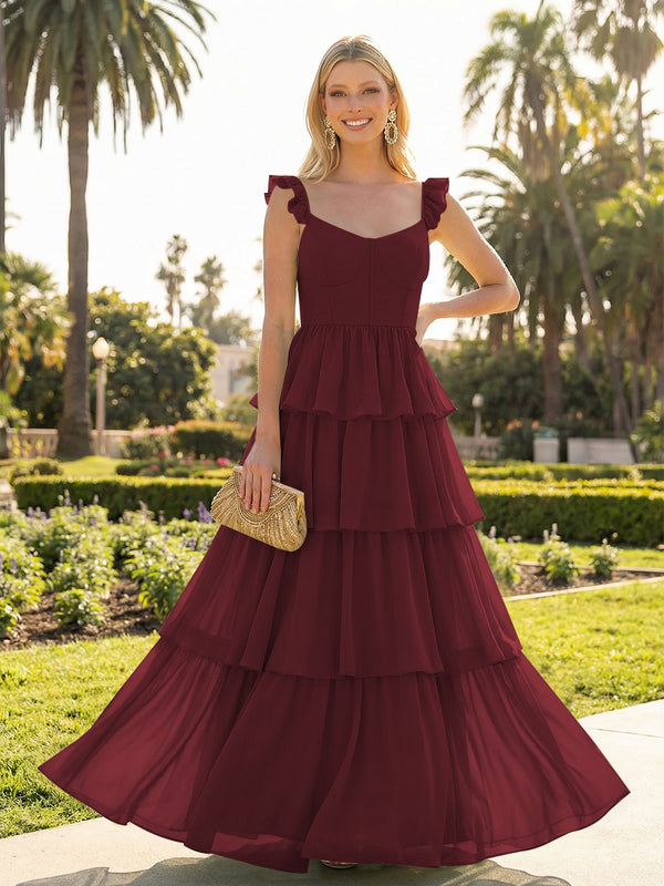 A Line Sleeveless Pleated Chiffon Spaghetti Straps Ruffles Bridesmaid Dresses