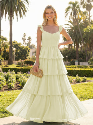 A Line Sleeveless Pleated Chiffon Spaghetti Straps Ruffles Bridesmaid Dresses