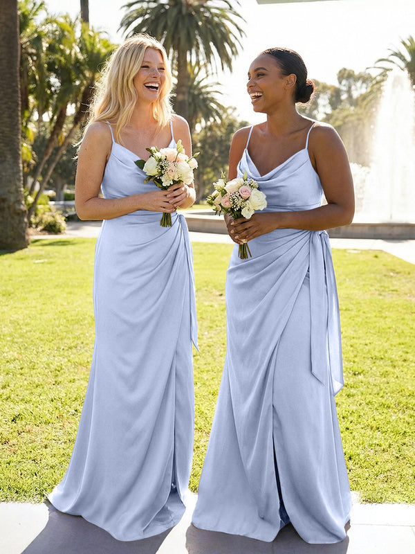 Mermaid Sleeveless Pleated Satin Spaghetti Straps Cowl Neck Bridesmaid Dresses