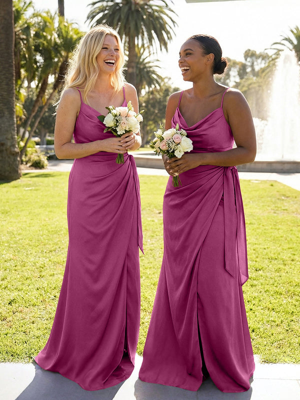 Mermaid Sleeveless Pleated Satin Spaghetti Straps Cowl Neck Bridesmaid Dresses