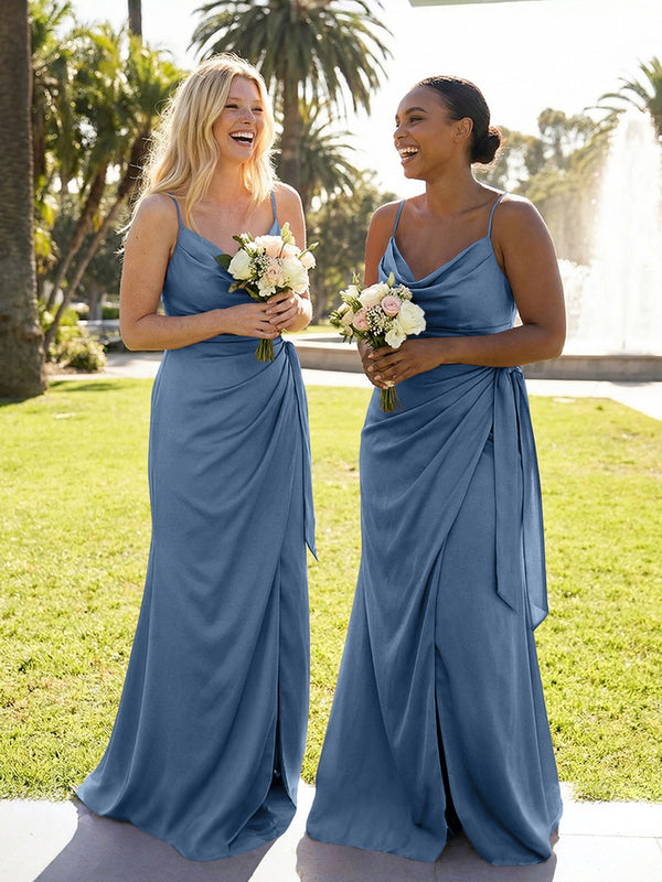 Mermaid Sleeveless Pleated Satin Spaghetti Straps Cowl Neck Bridesmaid Dresses