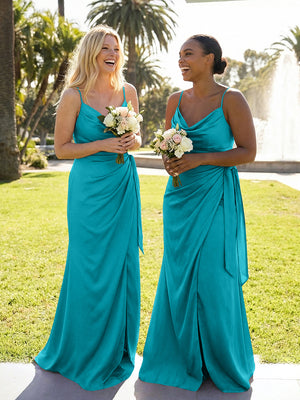 Mermaid Sleeveless Pleated Satin Spaghetti Straps Cowl Neck Bridesmaid Dresses