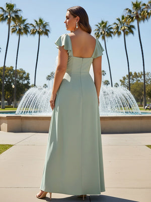 A Line Sleeveless Chiffon Spaghetti Straps Pleated Bridesmaid Dresses with Slit