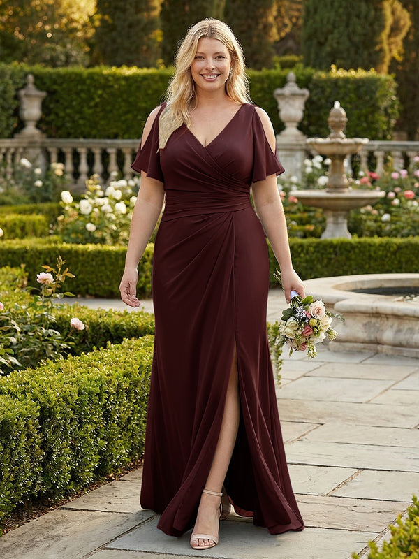 A Line V Neck Short Sleeves Chiffon Bridesmaid Dresses with Slit