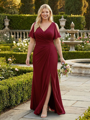 A Line V Neck Short Sleeves Chiffon Bridesmaid Dresses with Slit