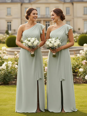A Line One Shoulder Ruffles Chiffon Bridesmaid Dresses with Slit