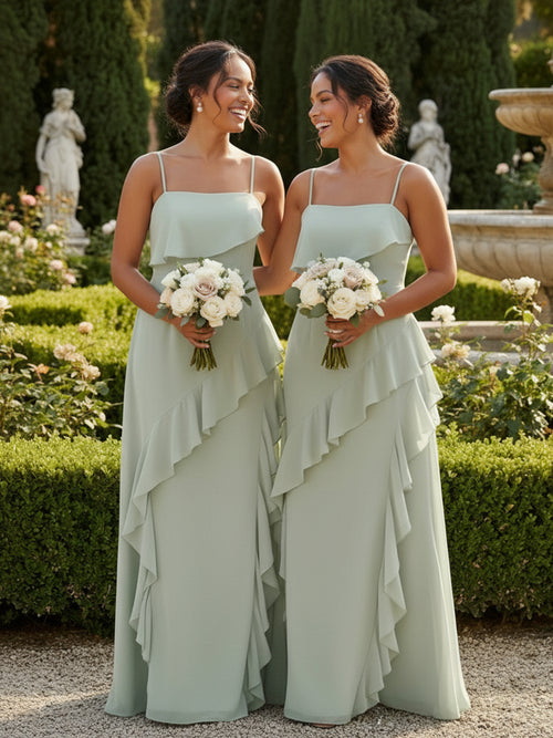 Chiffon Spaghetti Straps Square Neck Ruffles Bridesmaid Dresses