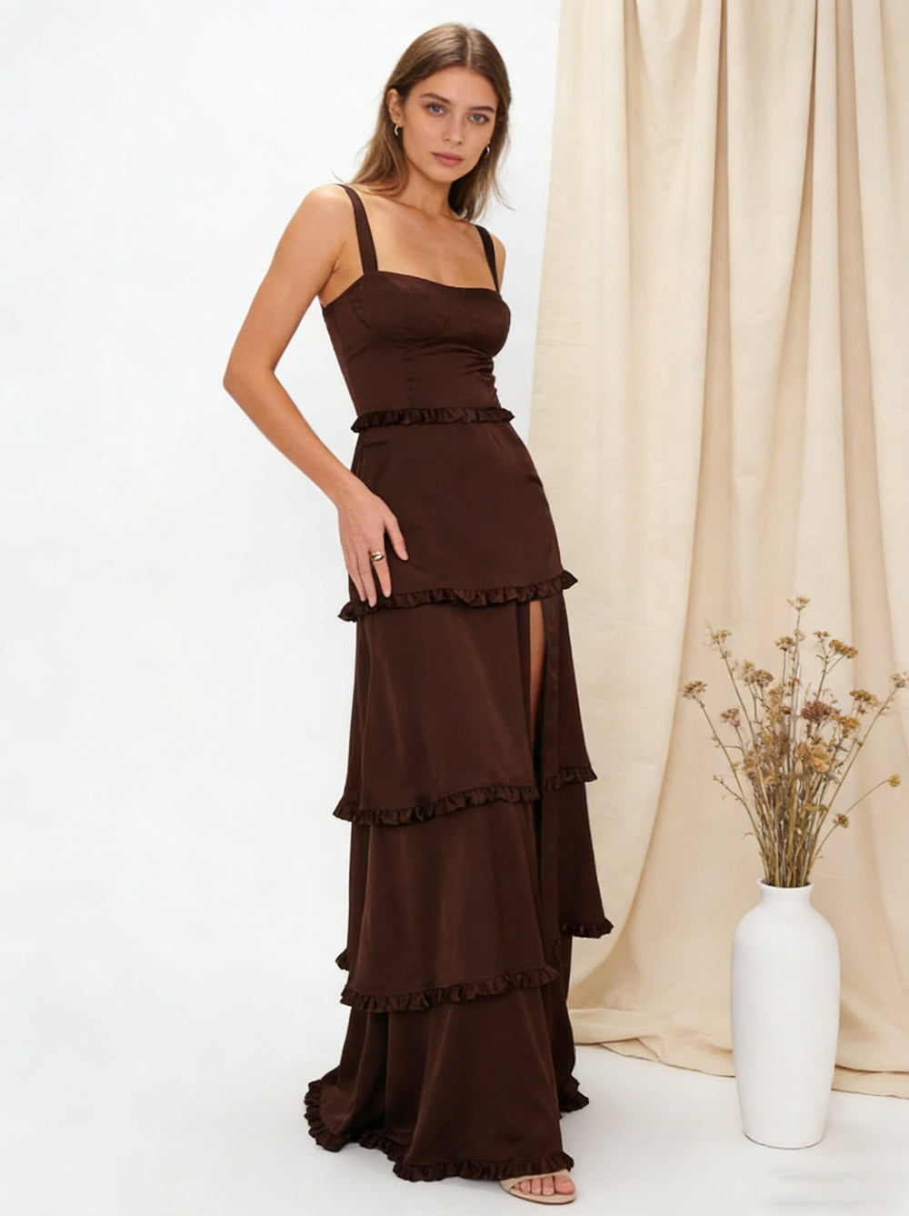 Tiered Spaghetti Straps Satin Bridesmaid Dresses with Slit