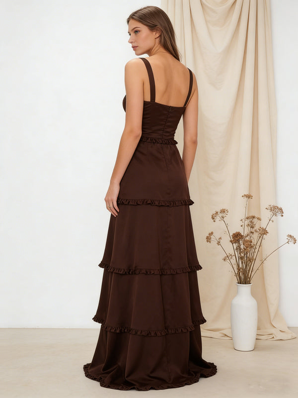 Tiered Spaghetti Straps Satin Bridesmaid Dresses with Slit