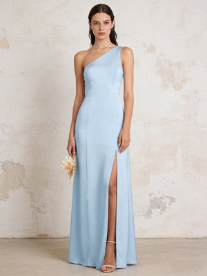 Satin One Shoulder Mermaid Maxi Bridesmaid Dresses with Slit