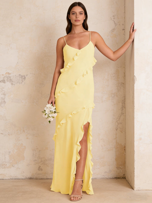 Ruffles Chiffon Spaghetti Straps Mermaid Maxi Bridesmaid Dresses with Slit