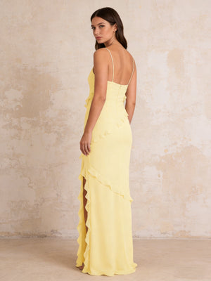 Ruffles Chiffon Spaghetti Straps Mermaid Maxi Bridesmaid Dresses with Slit