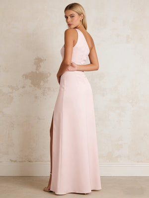 Satin One Shoulder Sleeveless Bridesmaid Dresses with Slit