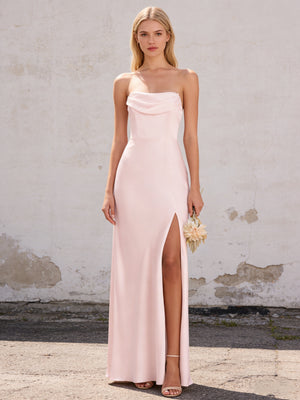 Satin Strapless Pleated Mermaid Maxi Bridesmaid Dresses with Slit