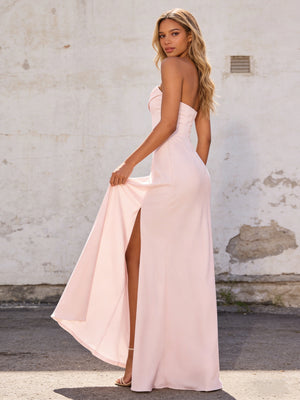 Satin Strapless Pleated Mermaid Maxi Bridesmaid Dresses with Slit