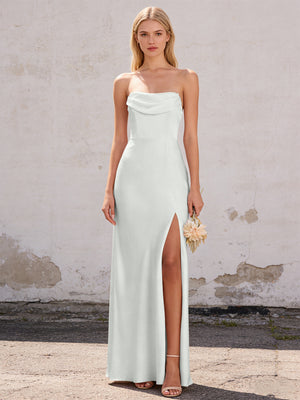 Satin Strapless Pleated Mermaid Maxi Bridesmaid Dresses with Slit