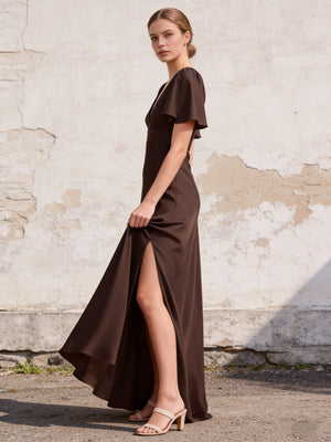 Chiffon Short Sleeves V Neck A Line Maxi Bridesmaid Dresses with Slit