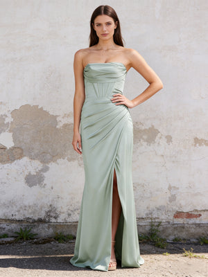 Satin Strapless Pleated Corset Mermaid Maxi Bridesmaid Dresses with Slit