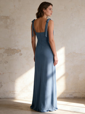 Satin Square Neck A Line Sleeveless Maxi Bridesmaid Dresses with Slit