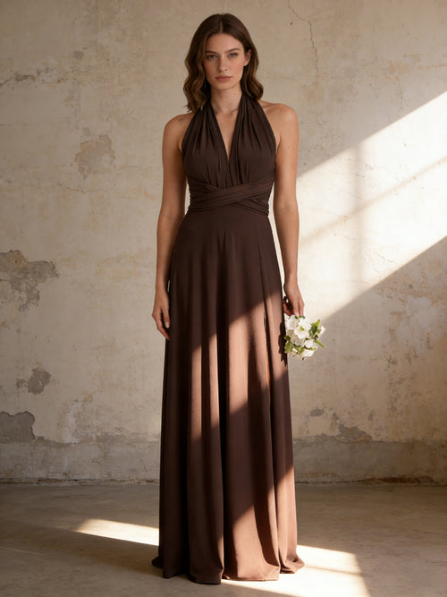 Chiffon Deep V Neck Pleated Halter Maxi Bridesmaid Dresses