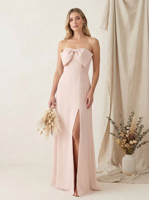 Satin Strapless High Slit Maxi Bridesmaid Dresses with Bow