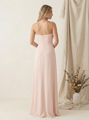 Satin Strapless High Slit Maxi Bridesmaid Dresses with Bow