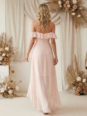 Ruffles Chiffon Off Shoulder Maxi Bridesmaid Dresses with Slit