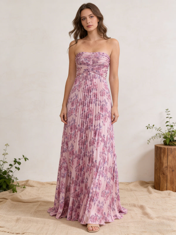 Chiffon Strapless Pleated Maxi Formal Dresses with Floral