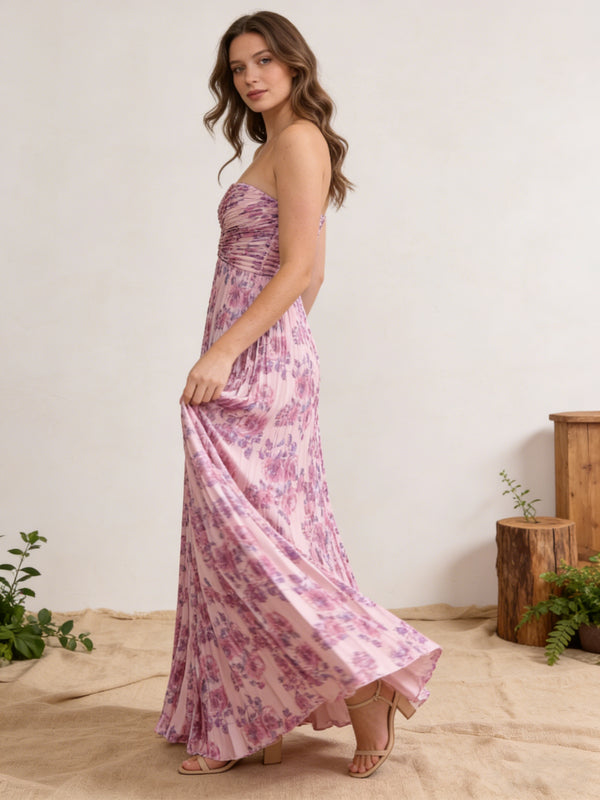 Chiffon Strapless Pleated Maxi Formal Dresses with Floral